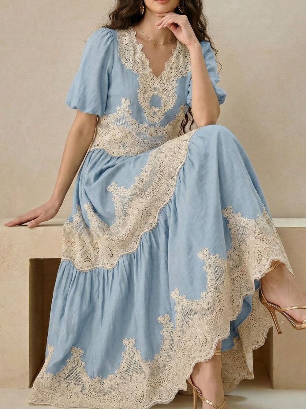 Blue Elegant Women's V-Neck Puff Sleeve Lace Patchwork Flared Skirt Set - Picture 5 of 7